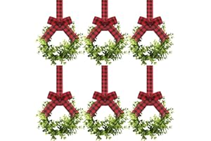 Yilloog 6 Pcs Mini Christmas Kitchen Cabinet Wreaths 9" Small Christmas Artificial Boxwood Wreaths with Red Black Plaid Bow Xmas Party Decor for Door Window Wall Farmhouse Hanging