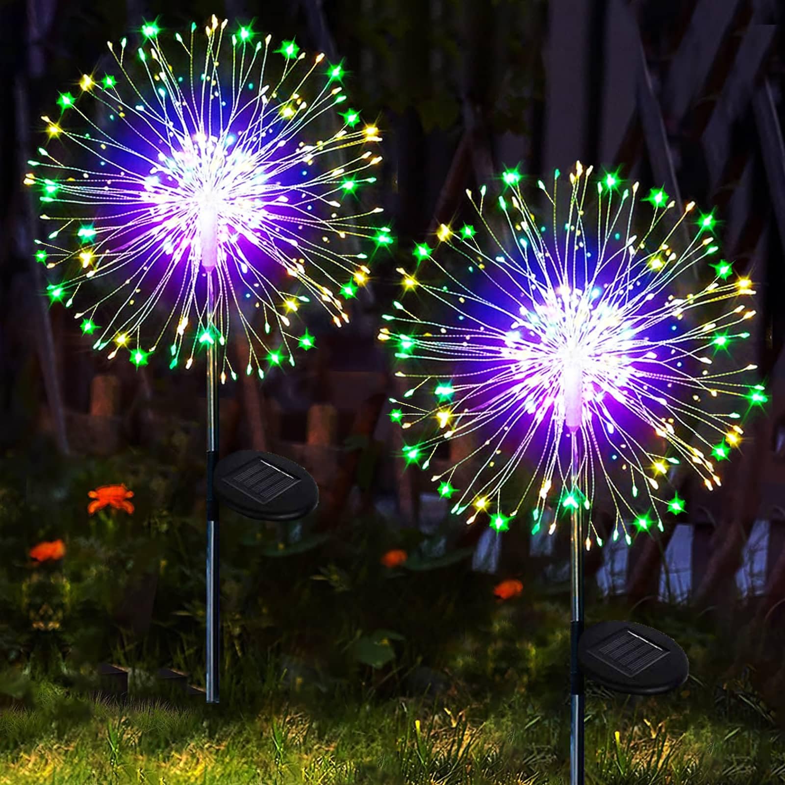 yowin Solar Lights Outdoor Garden 2 Pack 120 LED Firework Solar Stake Lights, 8 Modes Starburst Light Waterproof Garden Ornaments with Copper Wire for Pathway Balcony Decorations - Multi-Coloured