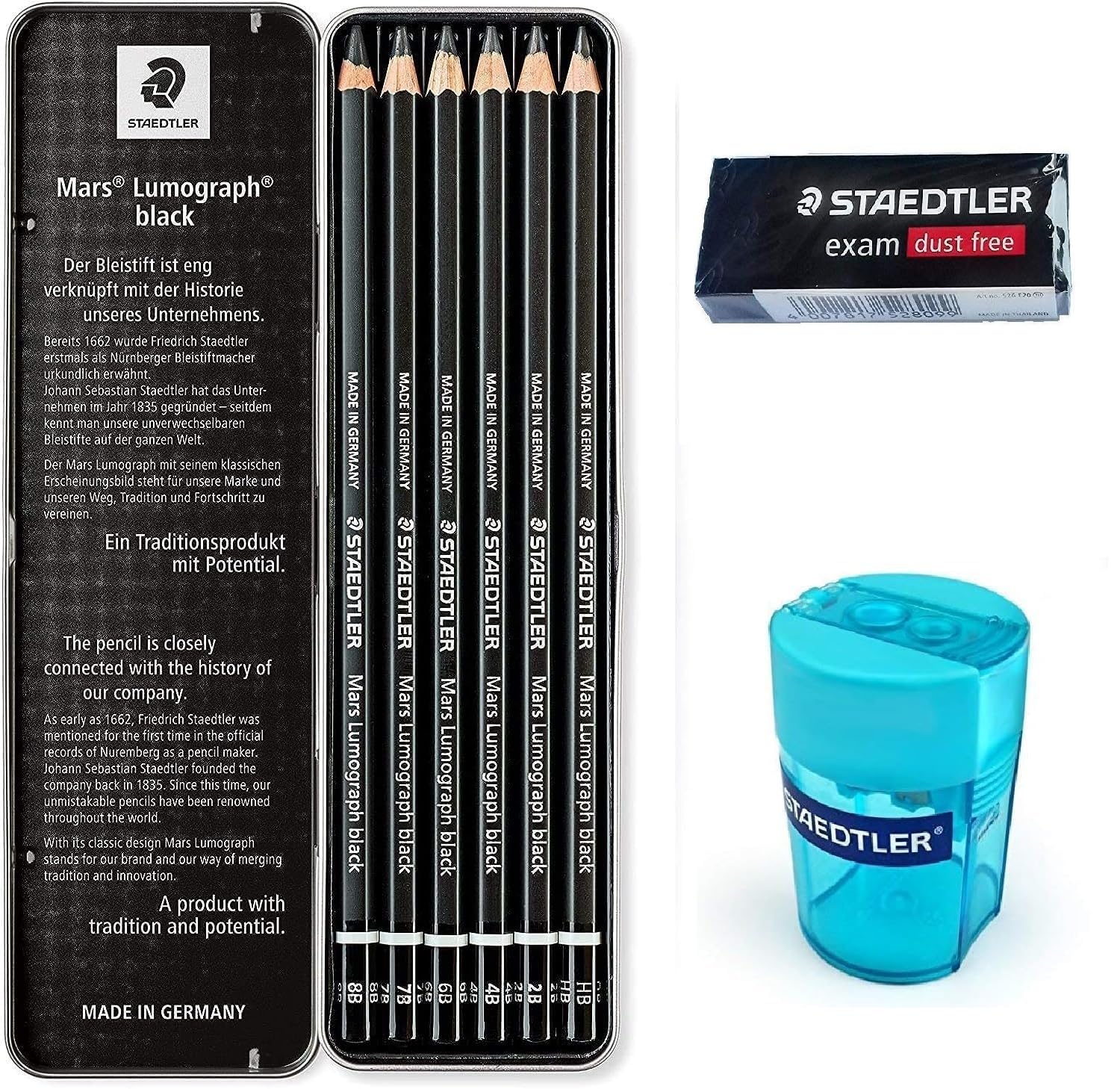 Photo 1 of Staedtler Mars Lumograph Black Artist Wooden Lead Pencil - Box of 6 (8B 7B 6B 4B 2B HB) in Metal Box- with Tub 2-Hole Sharpener and Free Eraser