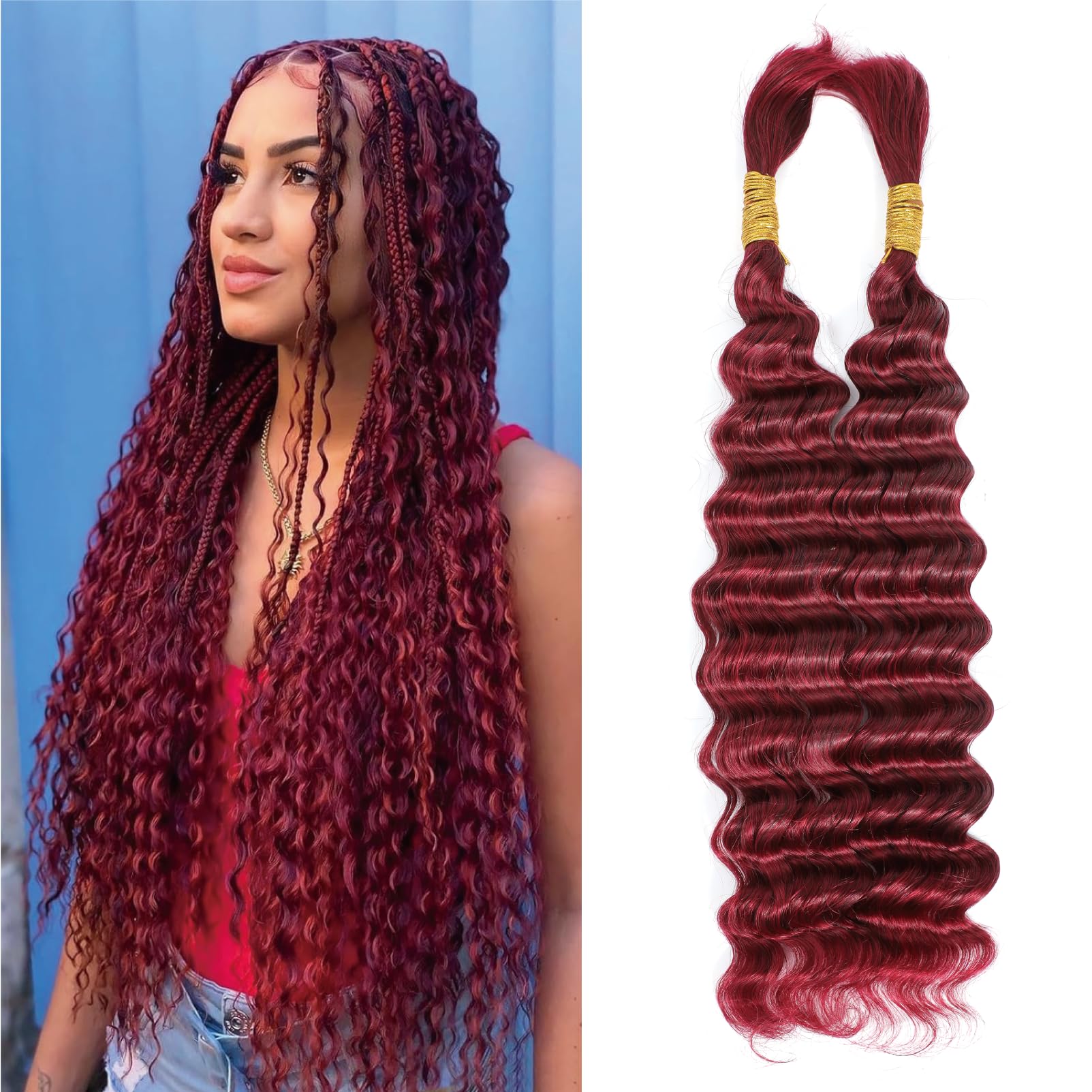 Deep Wave Bulk Human Braiding Hair No Weft 2 Bundle 100g 10A Brazilian Curly for Boho Braids Human Hair for Braiding,Burgundy 20 Inch — image 1