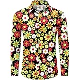 Mainfini Men's 70s Hippies Dress Shirt Floral Paisley Printed Long Sleeve Button Shirts (S-XXL)