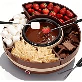 JoyMech Cheese &amp; Chocolate Fondue Machine, Candy Melting Pot for Party, Electric Fondue Pot Set, Chocolate Warmer, Hot Chocolate Maker, 4-Section Food Tray, Brown
