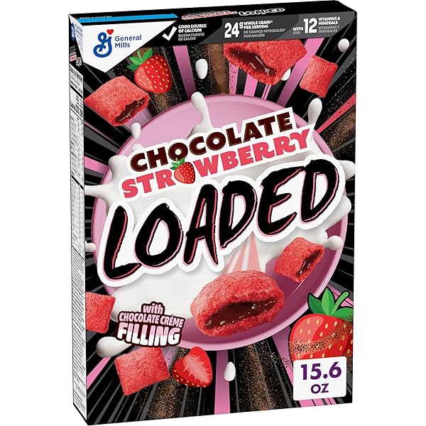CHOCOLATE STRAWBERRY LOADED CEREAL, CRISPY CEREAL WITH NATURALLY AND ARTIFICIALLY FLAVORED CHOCOLATE CREME FILLING, MADE WITH WHOLE GRAIN, 15.6 OZ