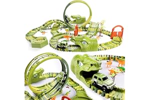 BURGKIDZ Dinosaur Race Car Track Toys, 400 pcs Create Dinosaur World Road Race, Flexible Tracks with 360 Loop and Auto Turntable Playset, 2 Cars, 2 Dinosaur Head, Gift for Kids Ages 3 4 5 6 Year Old Boys Girls