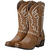 J's.o.l.e Women's Square Toe Cowgirl Cowboy Boots Mid Calf Western Riding Boots with Fashion Buckle Strap