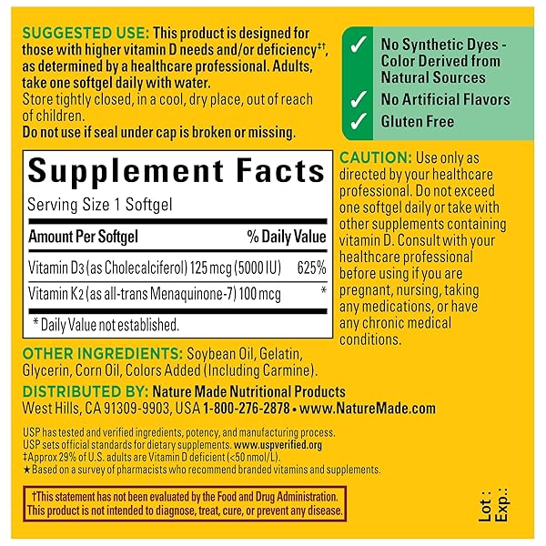 NATURE MADE VITAMIN D3 K2 SUPPLEMENT, 5000 IU (125 MCG) VITAMIN D FOR BONE, TEETH, MUSCLE AND IMMUNE SUPPORT, 30 D3 AND K2 SOFTGELS, 30 DAY SUPPLY