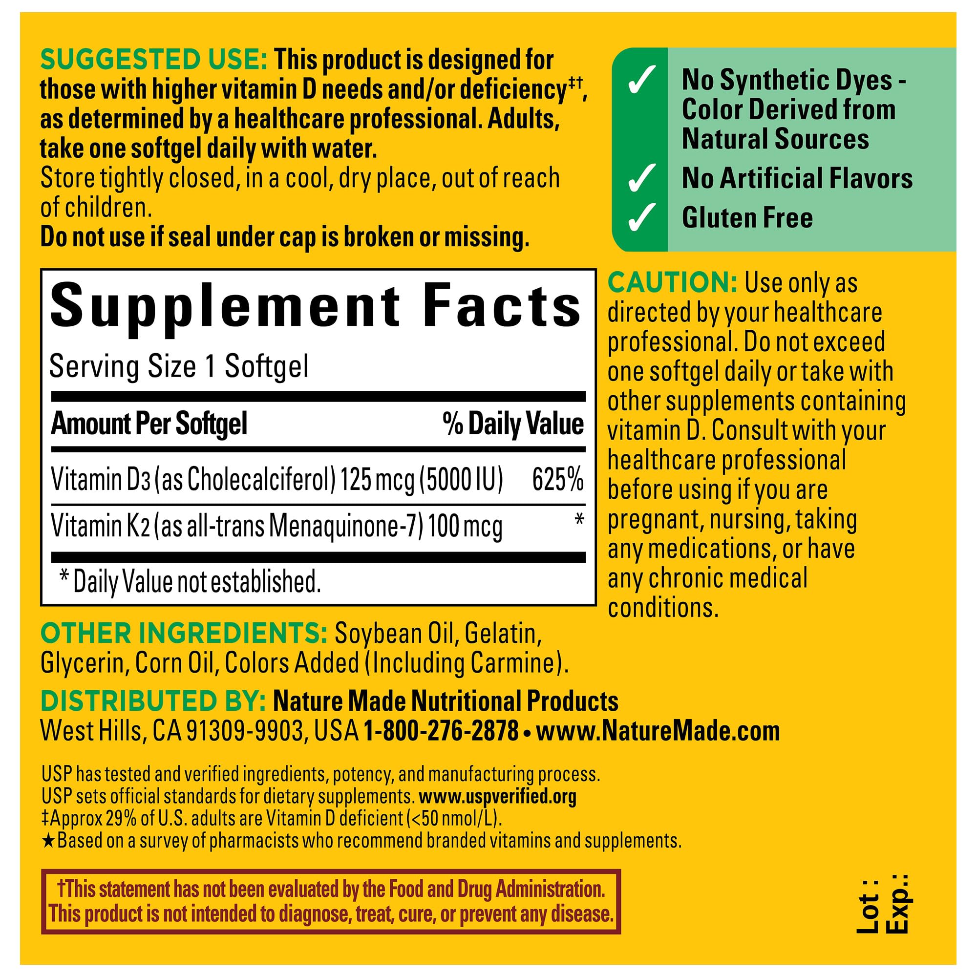 Nature Made Vitamin D3 K2 Supplement, 5000 IU (125 mcg) Vitamin D for Bone, Teeth, Muscle and Immune Support, 30 D3 and K2 Softgels, 30 Day Supply