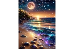 Sretoul Beach Diamond Painting Kits- Beach Diamond Art Kits for Adults, 5D Diamond Painting Moon Beach for Home Wall Decor 12x16 inch