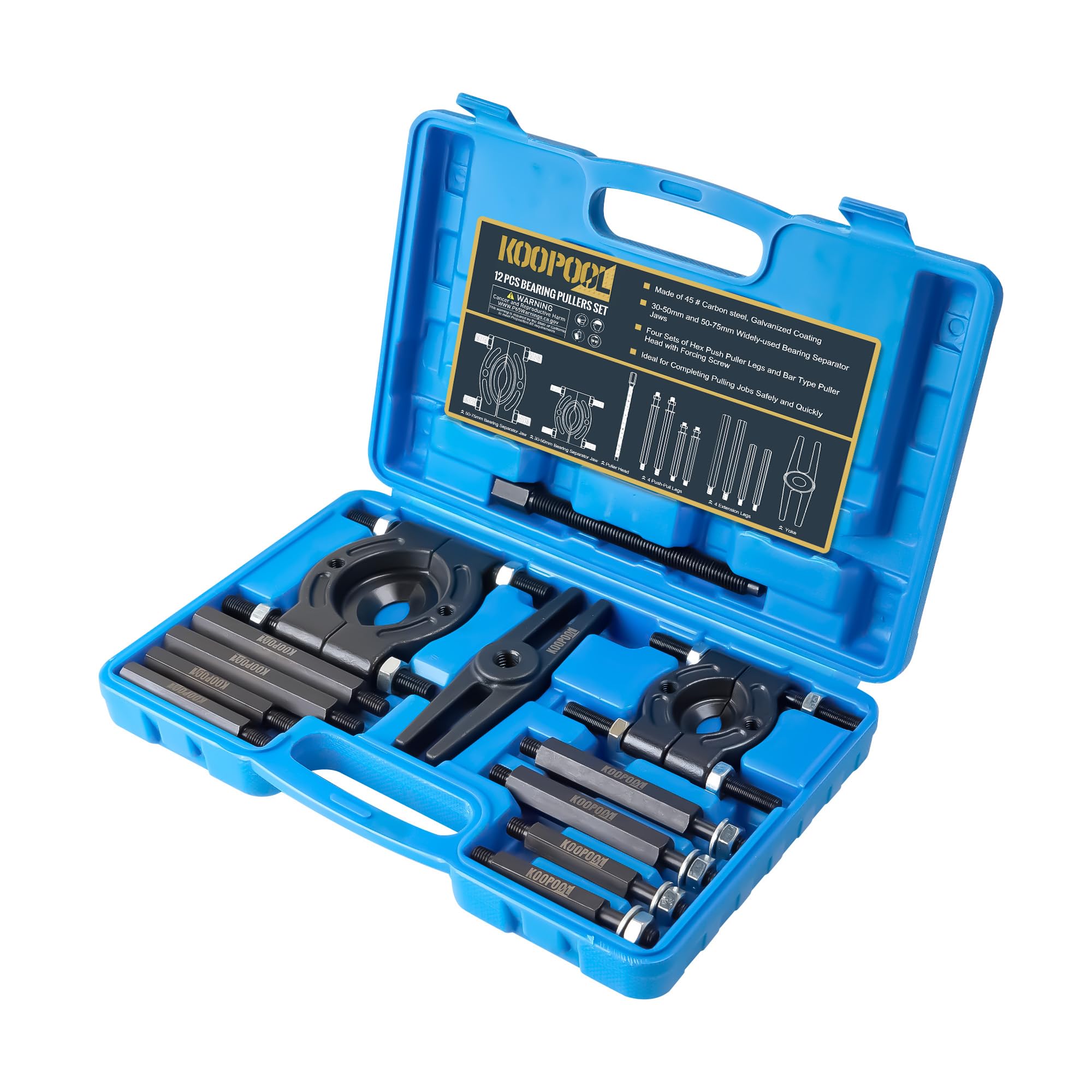 Photo 1 of KOOPOOL 12-Piece Bearing Puller, Wheel Hub Puller Set, Wheel Bearing Removal Tool, Blind Bearing Puller, 5 Ton Capacity Bearing Separator with 2’’ and 3’’ Bearing Separator Jaws