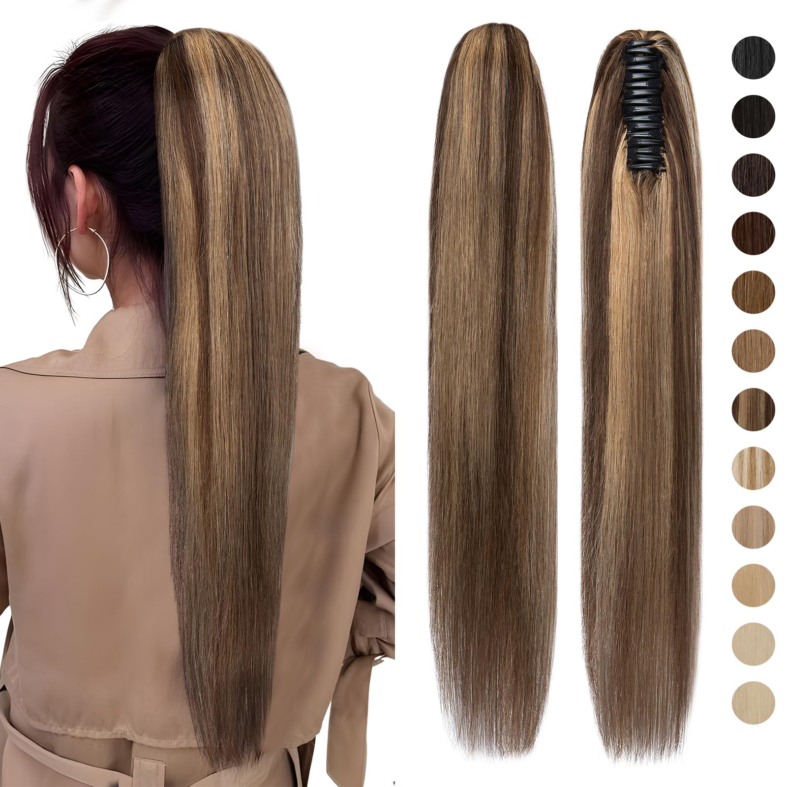 Silk-co Claw Clip in Ponytail Extension Real Hair #4P27 Medium Brown&Dark Blonde 16 inches Jaw Claw on Ponytail Hair Remy Human Hair Straight — image 1