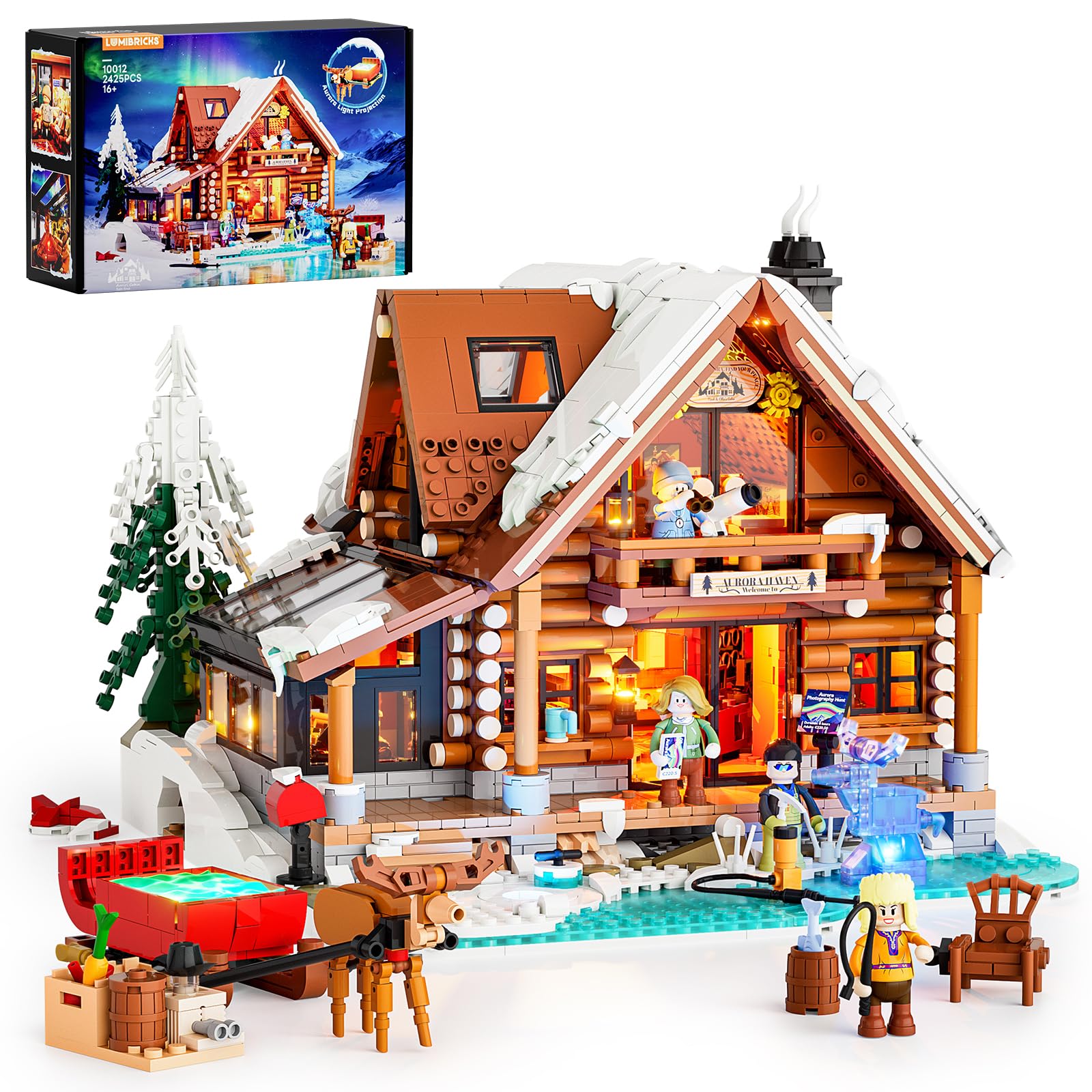 Photo 1 of LUMIBRICKS Aurora-Cabin Christmas Lighting-Building-Bricks Set - 2425 Pcs Retro House Winter Lodge LED Light Construction Building Christmas Village Model Set for Adults and Families