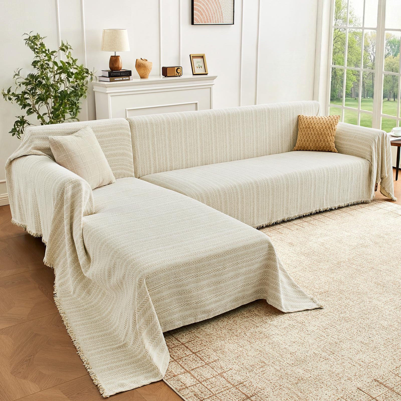 Photo 1 of Houmiggle Sectional Couch Covers 2 Pieces with Herringbone Pattern, Washable L Shaped Couch Cover Blanket for Sectional Sofa, Sofa Protector Slipcovers, XX-Large: 71"x118"+71"x118", Cream Khaki
