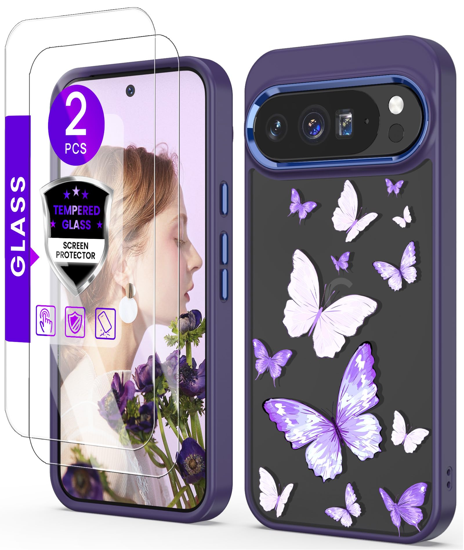 DagoRoo for Google 10/10 Pro Case+Tempered Glass Screen Protector,Military Grade Protective Slim Soft TPU &Hard PC,Girls Women Crystal Clear Flower Pattern Case Cover for Pixel 10/10 Pro-Butterfly
