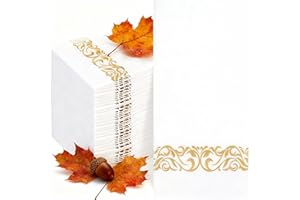 Joyido 50PCS Gold Napkins Disposable - White and Gold Paper Napkins - Cloth-Like Feel Dinner Paper - Elegant Heavy Duty Hand Towels for Bathroom Thanksgiving Party Bridal Decorative Reception