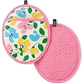 Kate Spade New York Painterly Bouquet Pot Holder 2-Pack Set, Heat Resistant, 100% Cotton with Printed Non-Slip Silicone Grip, Pink/Green/Blue, 8"X10"