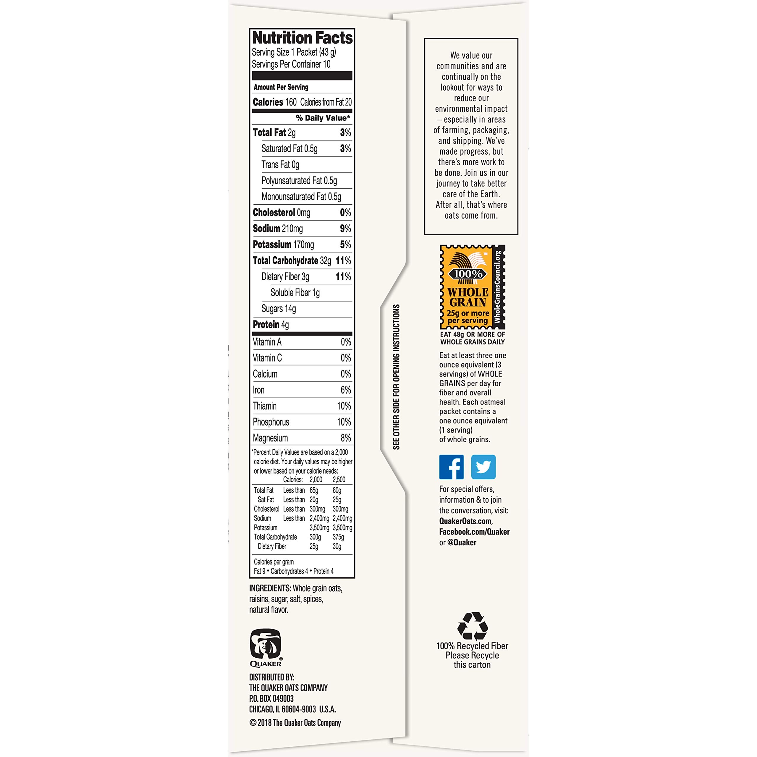 Quaker Instant Oatmeal, Raisin & Spice, Breakfast Cereal, 10 Count , 1.