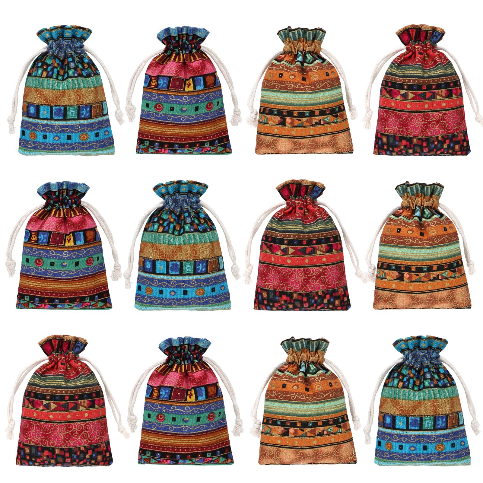 kilofly 12pc Egyptian Style Jewelry Coin Pouches Aztec Print Drawstring Gift Bag