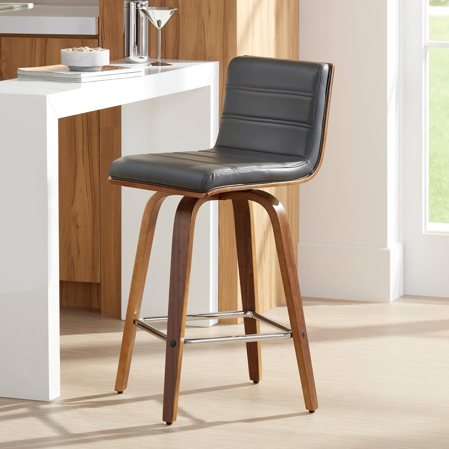 Amazon Com Vienna 25 1 4 Gray Faux Leather Walnut Swivel Counter Stool Furniture Decor