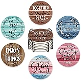 Paayna Housewarming Gifts for New Home Ceramic Coasters with Holder Set of 6, Inspirational Home Sweet Home Absorbent Drink Cup Mat for Coffee Table Protection, 4'' Farmhouse Family Kitchen Decor