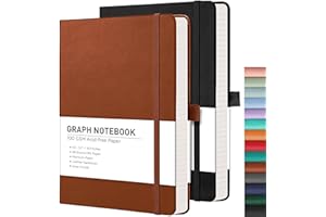 RETTACY Graph Grid Paper Notebook, 2-Pack, 192 Pages per Pack, A5 Medium Size (5.7'' x 8.3''), Leather Hardcover, 100 GSM Thick Paper, for School, Students, Math, Engineering (Black & Brown)