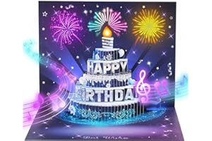 APOTODITO Musical Birthday Cards, 3D Pop Up Card with Music and Light, Firework Birthday Cards with Interactive Blowable Candle, Gift for Her Him Mom Grandma Wife Husband (Blue and Silver)