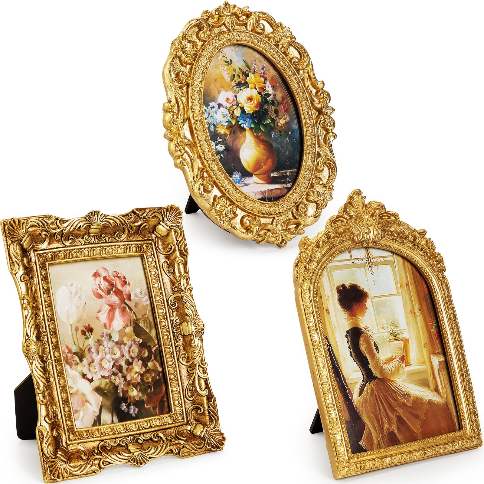Photo 1 of Qunclay 3 Pcs Vintage Resin Picture Frame 4 x 6,5 x 7 Inches Ornate Picture Frames Oval Rectangle Baroque Antique for Wall Hanging Home Wedding (Novel)