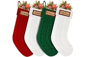 DREAMPARK Personalized Christmas Stockings Knitted Set of 4: 18'' Large Knit Family Christmas Stocking Custom Name with Leather Patches White Red Green Bulk Xmas Stocking Hanging Decorations for Home Party