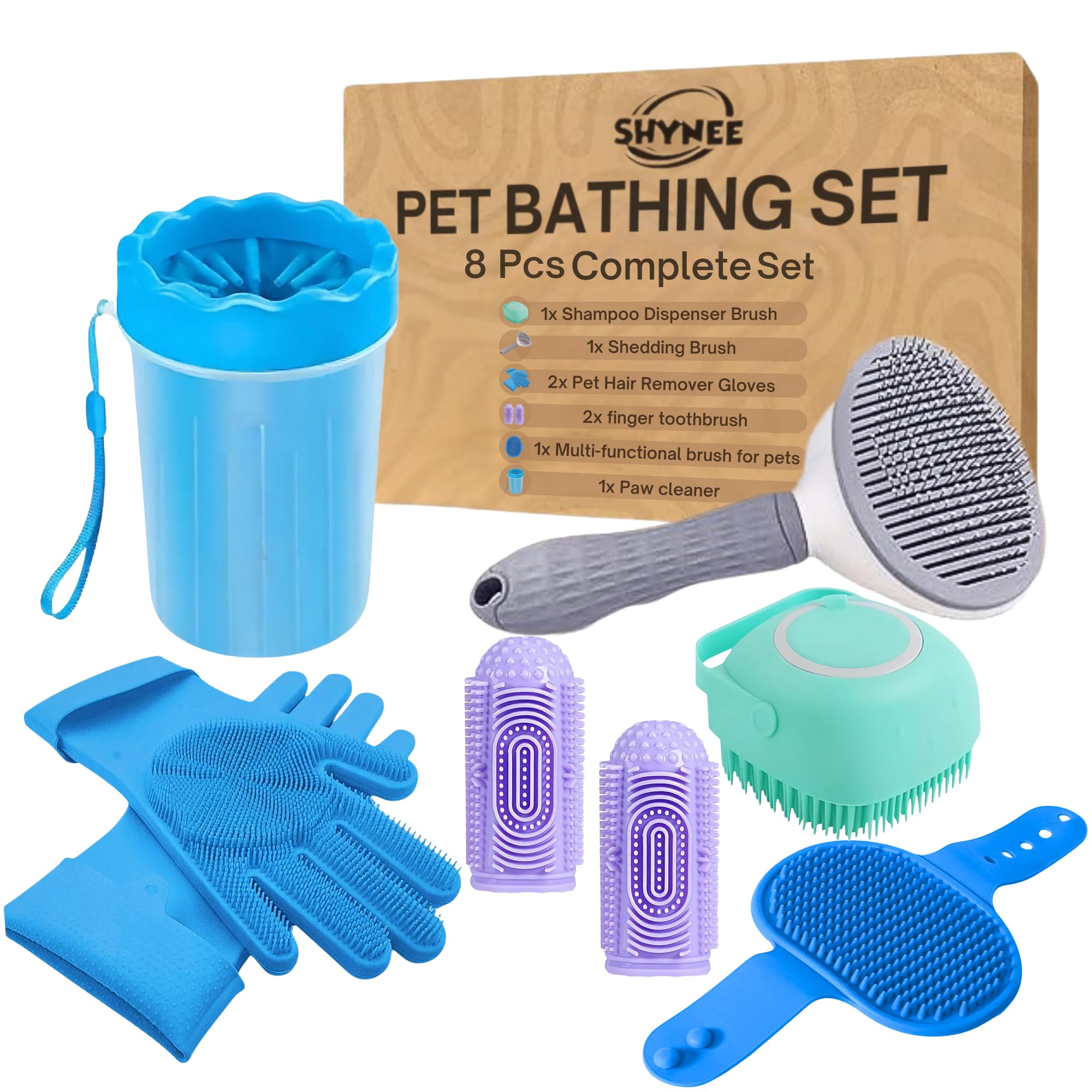 Photo 1 of 8PCs Dog Grooming Kit - Dog Shampoo Brush | Washing Gloves | Adjustable dog Bath Brush | DOG Paw Cleaner | 2x 360 ToothBrush | Scrubber with Handle for Bath & Massage - A Complete Pet Grooming Kit