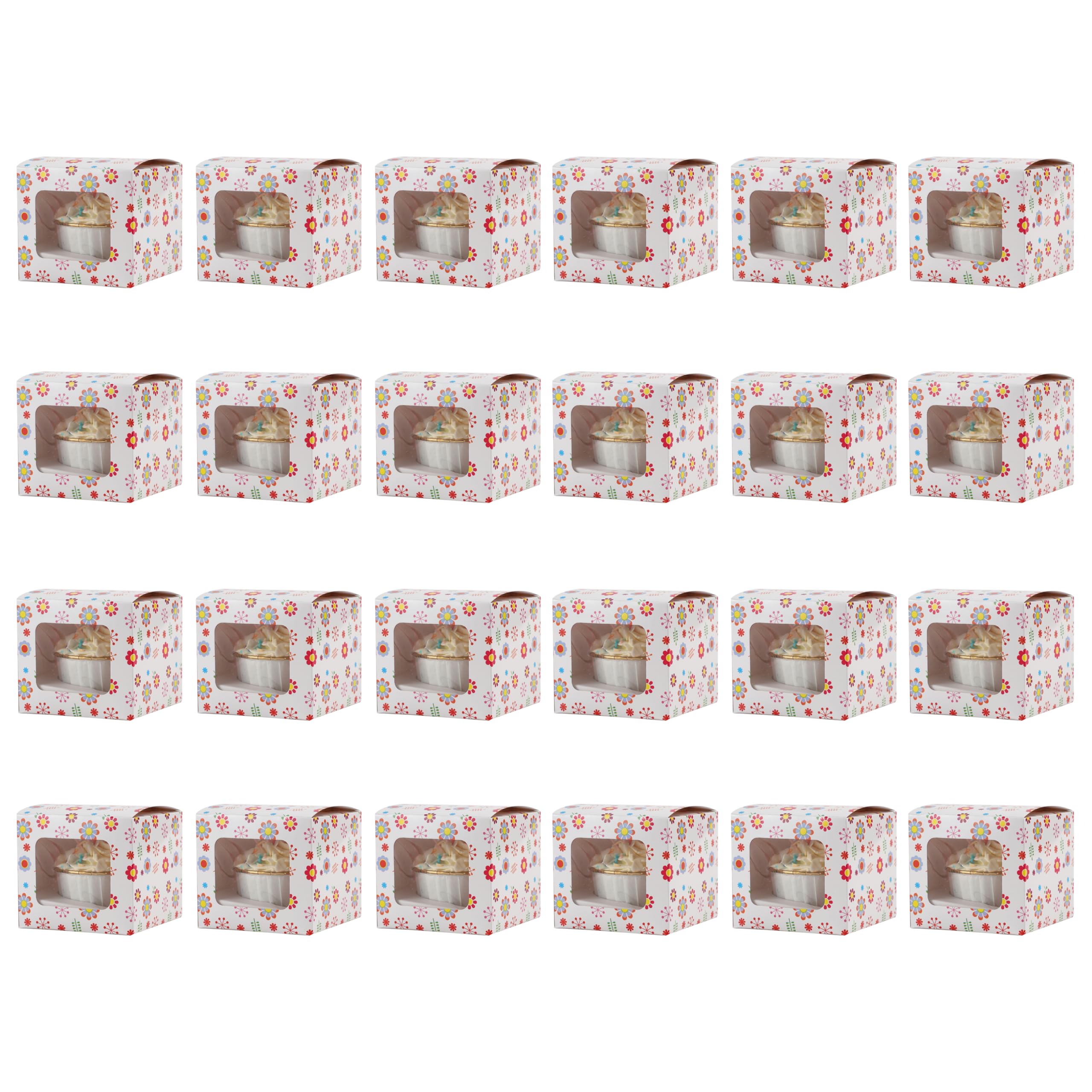 Komonee 25 x Cupcake Boxes Individual Pattern Single Fairy Cup Cake With Clear Window Cardboard Packaging Box Baking Kids Muffins Cookies Brownies Christmas Bake Weddings