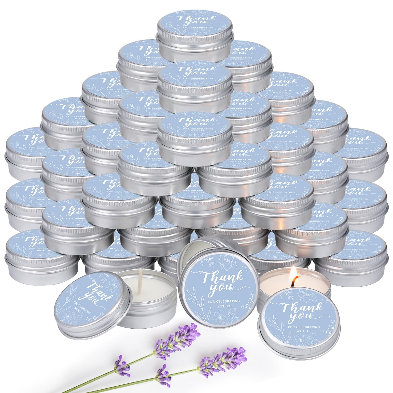 Photo 1 of MTLEE 50 Pcs Thank You Candles Gift Wedding Favors Baby Shower for Guests 1 oz Lavender Scented Soy Wax Candle Aromatherapy Candle Favors for Bridal Baby Shower (Blue,Floral)