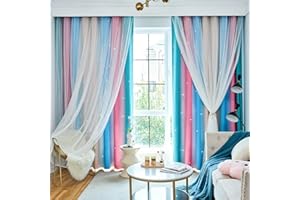 Loyala Star Curtains Blackout Curtains for Bedroom Cute Curtains Kids Curtains Rainbow Curtains, Curtains 96 Inches Long 2 Panels, Beige & Blue & Pink Curtains, 42 X 96 Inches