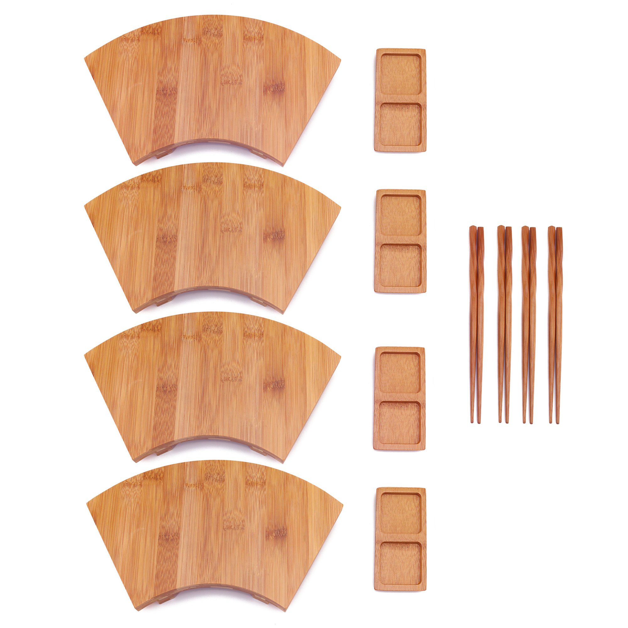 BambooMN Bamboo Sushi Plate/Tray, Chopsticks and Compartment Sauce Dish, 10.6" Fan - 4 Sets