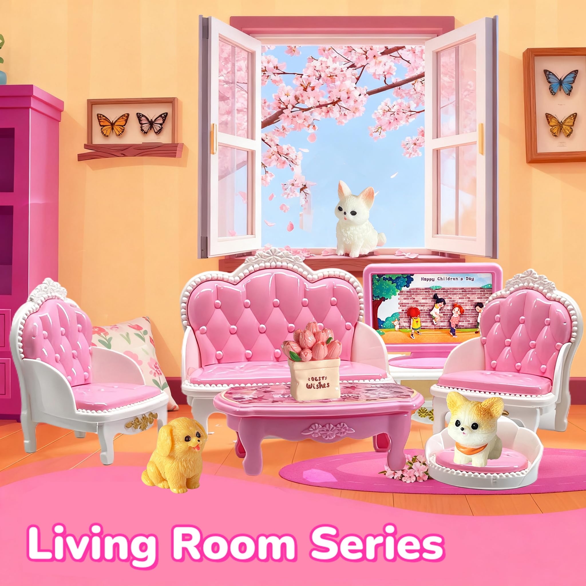 Dollhouse Furniture Set - 38 Pcs,Miniature Accessories with Cat,Dog, Kitchen, Bedroom, Living Room & Bathroom - Doll House Accessories and Furniture Toys for Boys Girls Age 3+