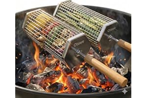 2 Pack Rolling Grill Basket – Stainless Steel Grilling Basket with Lid and Removable Wooden Handle – BBQ Accessories for Vege