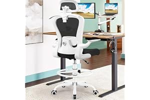 ATHOPE Drafting Chair, Tall Office Chair with 3D Lumbar & Head Support, Ergonomic Mesh Standing Desk Chair with Footring, Comfy Extended High Desk Chair with Flip-Up Arms & Hanger,White