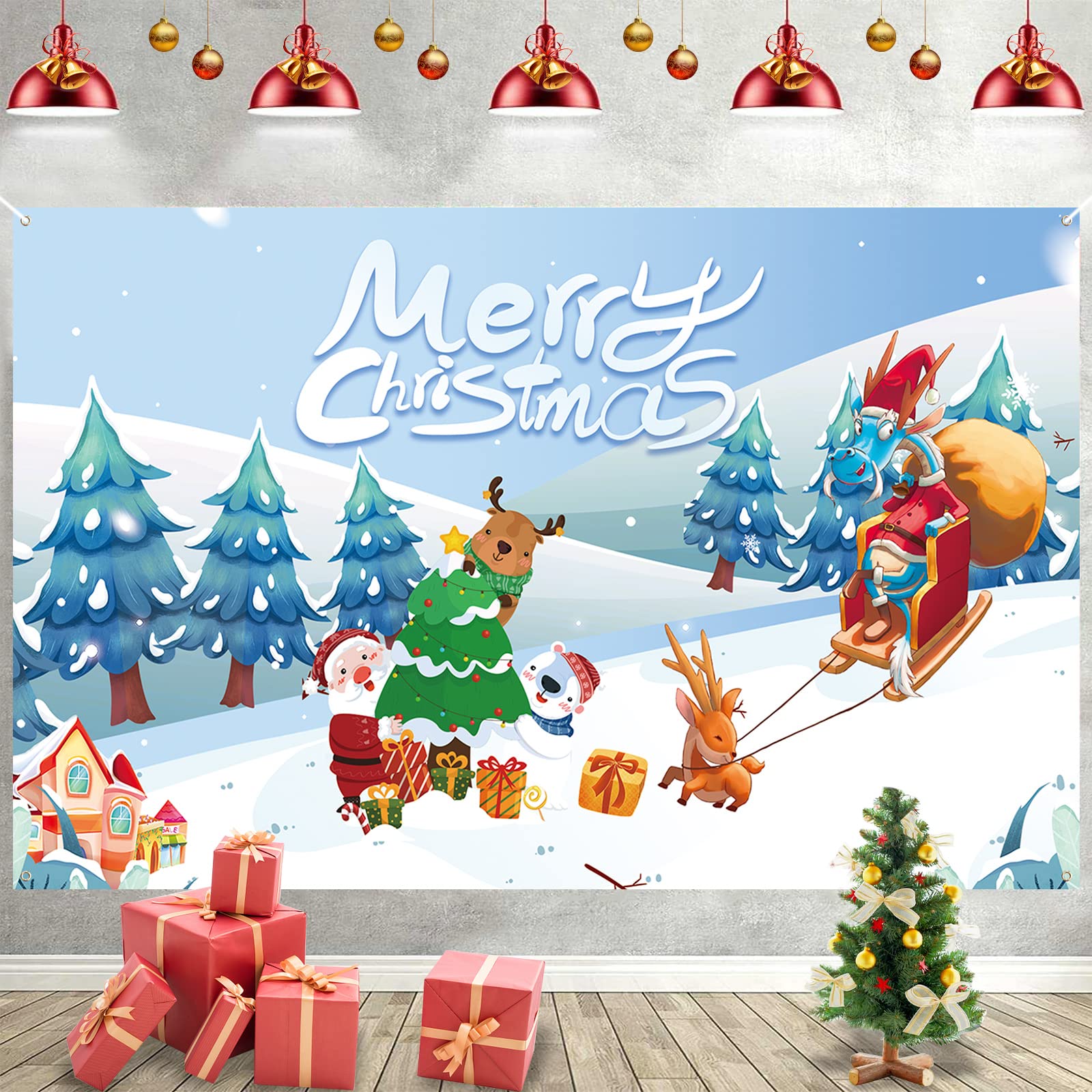 Christmas Banner Decorations Merry Christmas Backdrop Banner with Santa Claus Snowman Tree Elk Extra Large Blue White Xmas Poster Sign Background Banner for Fireplace Wall Hanging New Year Party Decor