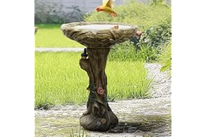 SunJet 25.5 Inch Heigh Wood-Look Concrete Bird Bath with Decorative Faux Bird – birdbath Rustic & Long-Lasting Design, Enhances Garden, Patio, Yard, Lawn Décor