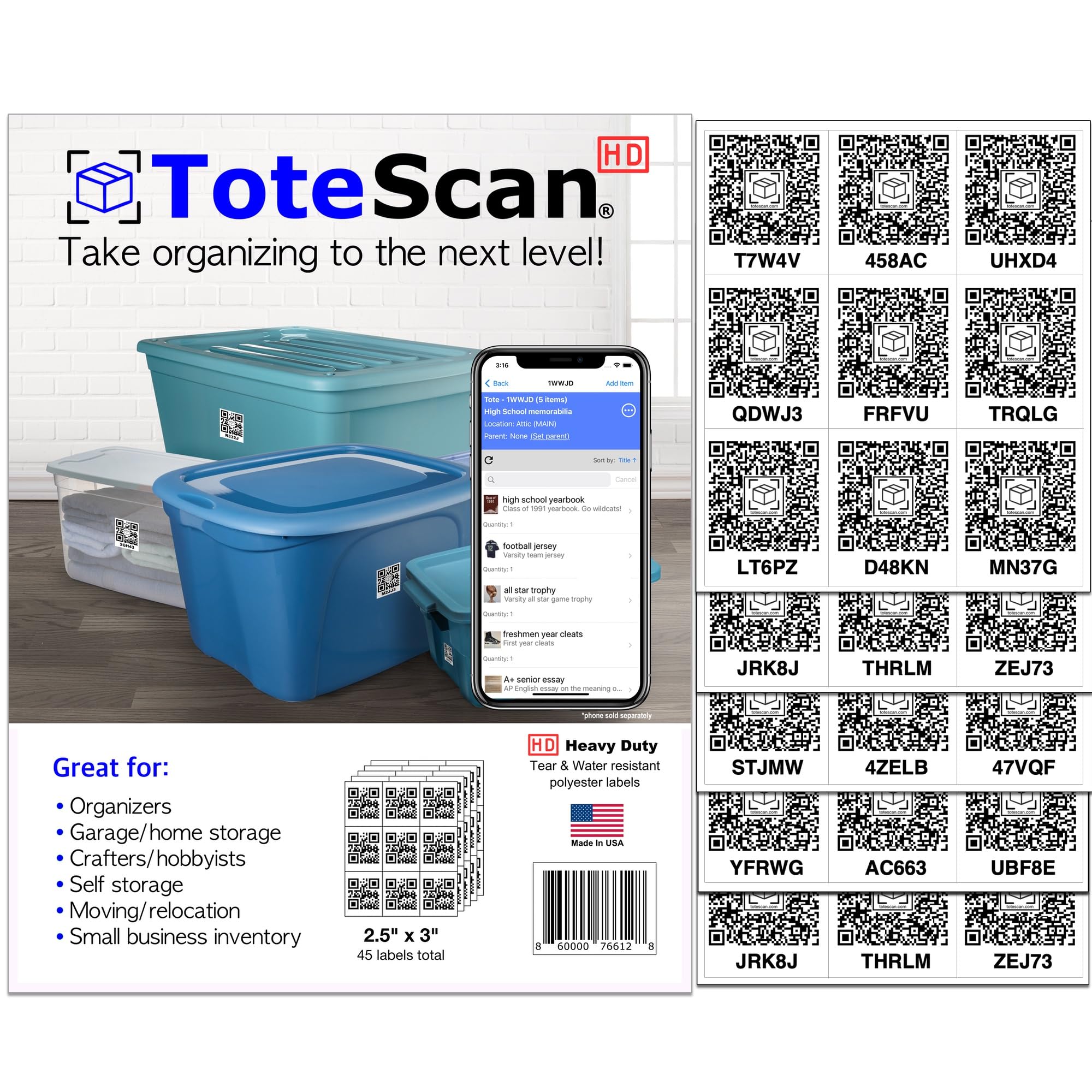 Photo 1 of ToteScan HD (Heavy Duty) Intelligent QR Labels for Organization/Moving/Storage (45 Unique Labels, 2.5"x3")