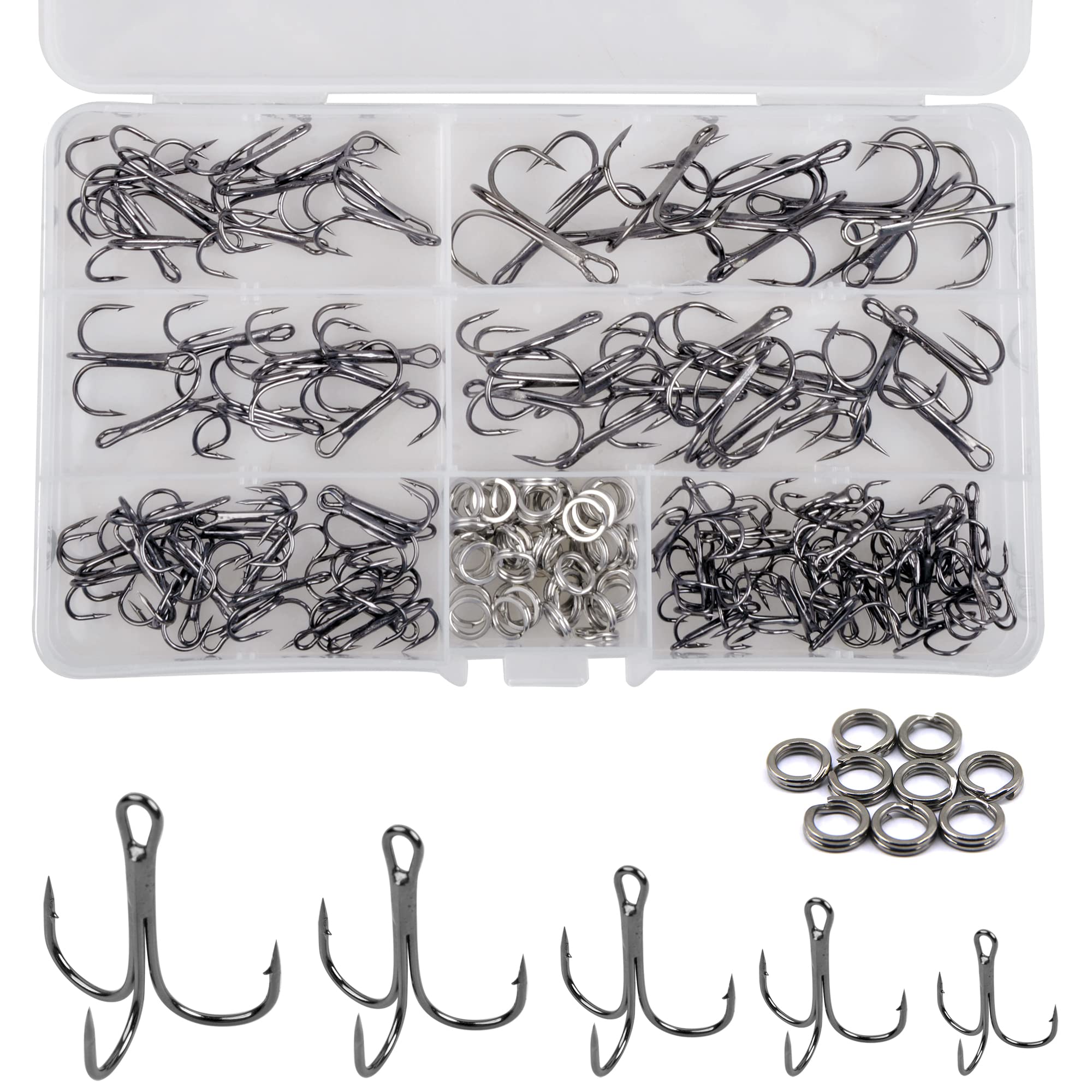 Fishing Treble Hooks Kit with Split Rings, 150pcs Sharp Round Bend Treble Hooks High Carbon Steel Hooks with Stainless Steel Split Rings for Fishing Lures Baits Freshwater Saltwater Fishing