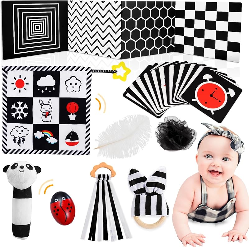HappyKidsClub Black and White Sensory Toys Set for Newborns 0-6 Months