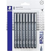 STAEDTLER Pigment Liner Pack, Black, 8 Pens, Assorted Line Widths, 0.05mm, 0.1mm, 0.2mm, 0.3mm, 0.5mm, 0.8mm, 1.0mm, 1.2mm