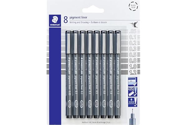 STAEDTLER Pigment Liner Pack, Black, 8 Pens, Assorted Line Widths, 0.05mm, 0.1mm, 0.2mm, 0.3mm, 0.5mm, 0.8mm, 1.0mm, 1.2mm