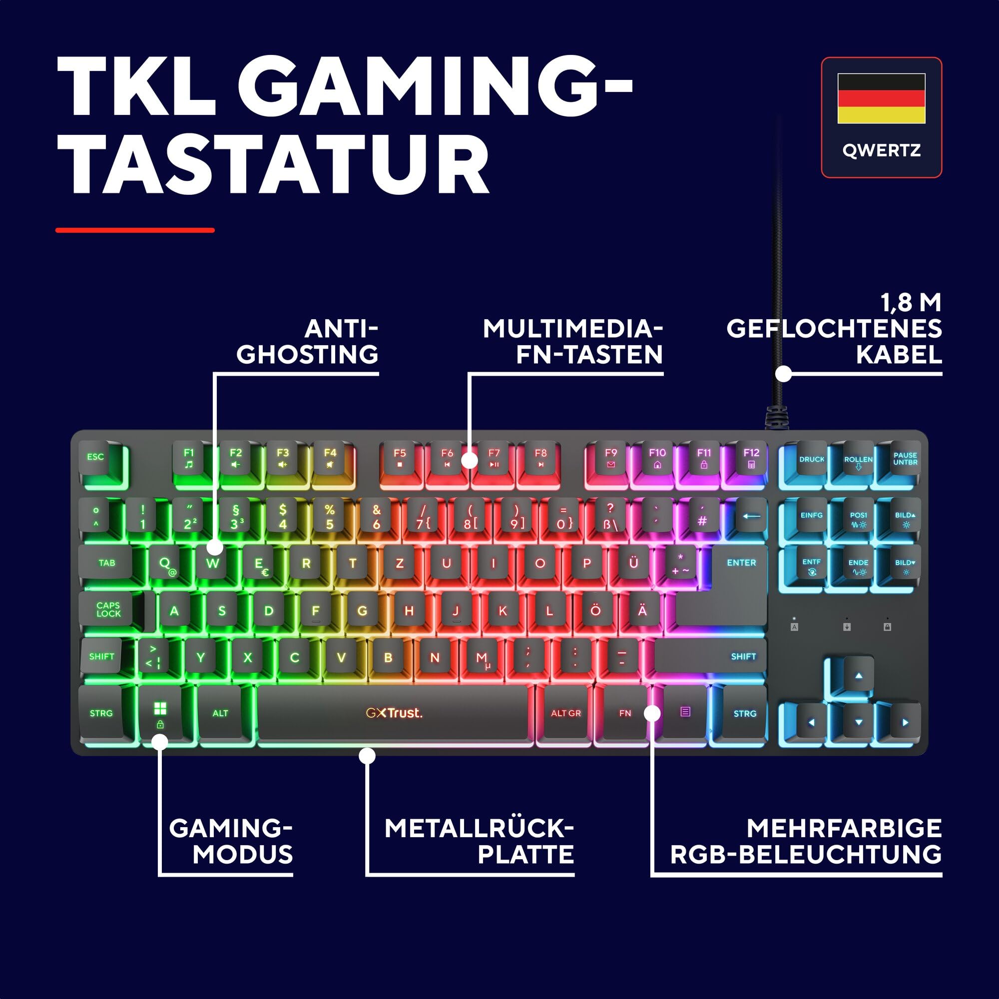 GXTrust 833 Thado TKL Tastatur Deutsches QWERTZ Layout, Kompakte 80% USB Gaming Tastatur aus Metall, Anti-Ghosting, LED-Beleuchtung, für PC Laptop Mac, Schwarz 2