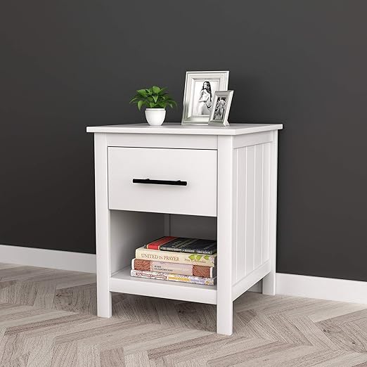 Amazon Com White Finish Nightstand Side End Table With Drawer And Open Shelf 22 H Kitchen Dining