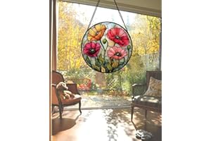 AMDERVEN Stained Glass Suncatcher, Red Orange Poppy Flowers Sun Catcher Silver Background Wildflowers Window Hanging Decor Christmas Mother Birthday Gifts for Women Men Mom Nana 6.3 in