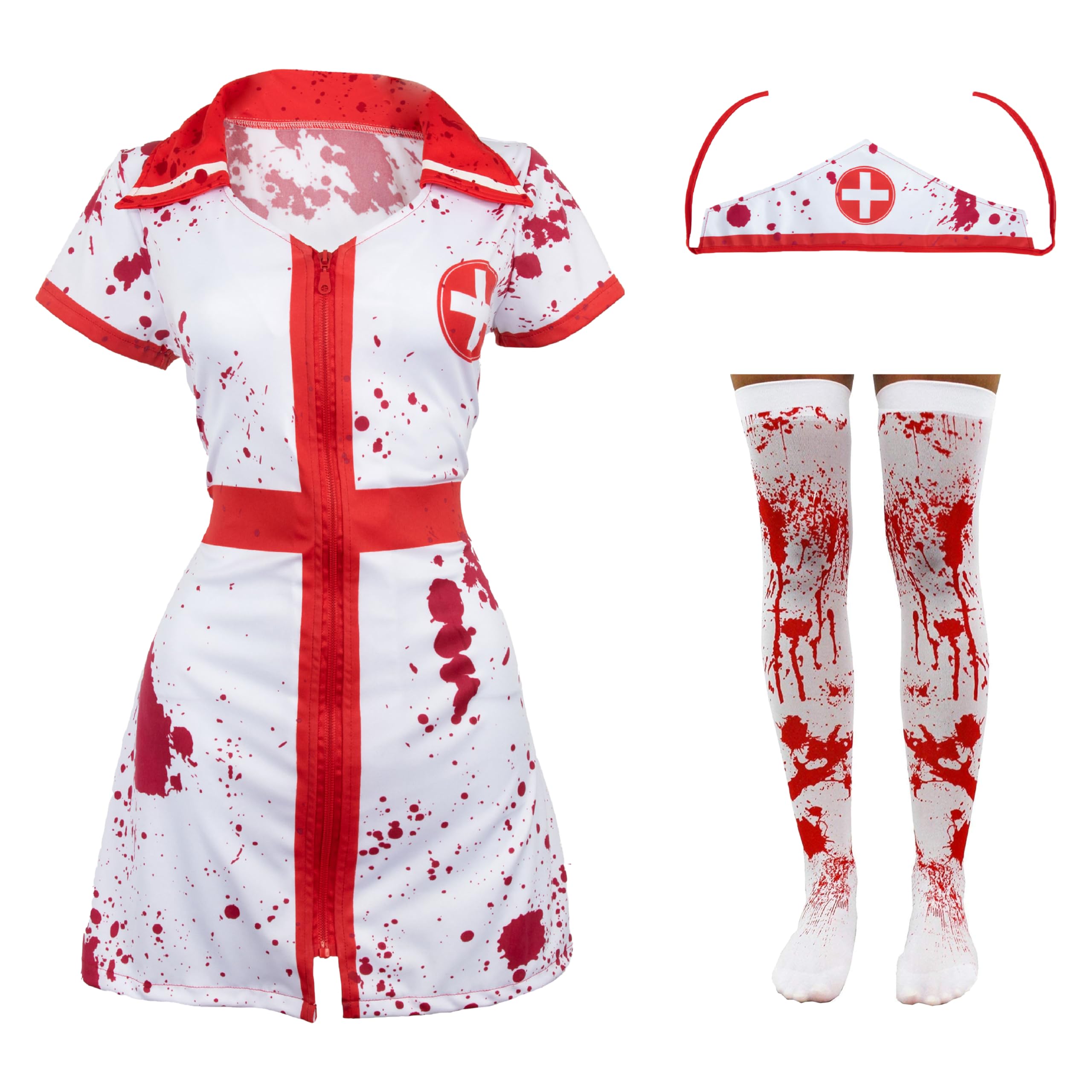 Ladies Zombie Nurse Halloween Costume - X-Large - Nurse Dress with Hat, Bloodstained Stockings - Adults Bloody Halloween Fancy Dress Costume