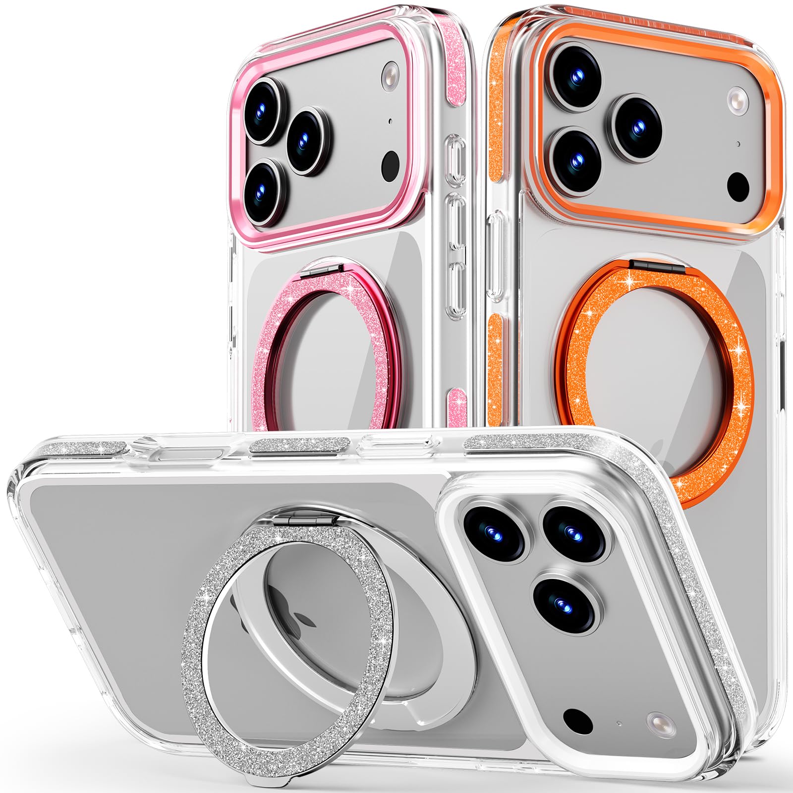 COOLQO Magnetic for iPhone 17 Pro Max Case 360° Spin Stand, Fit for MagSafe, Military Grade Drop Protection, Anti-Yellowing, Glitter Shiny Sparkle Shockproof Case for iPhone 17 Pro Max 6.9", Silver Image