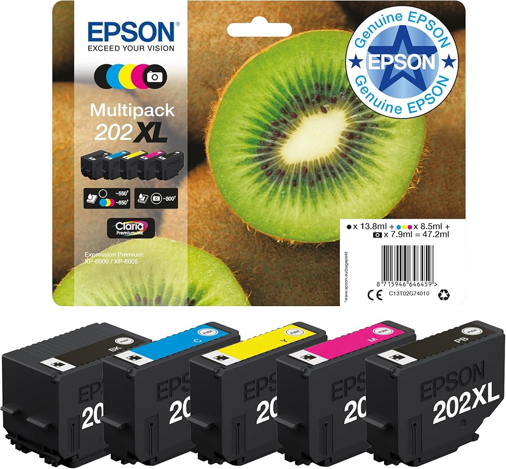 Epson 202XL Kiwi Genuine High Yield Multipack 5-Colour Ink Claria Premium