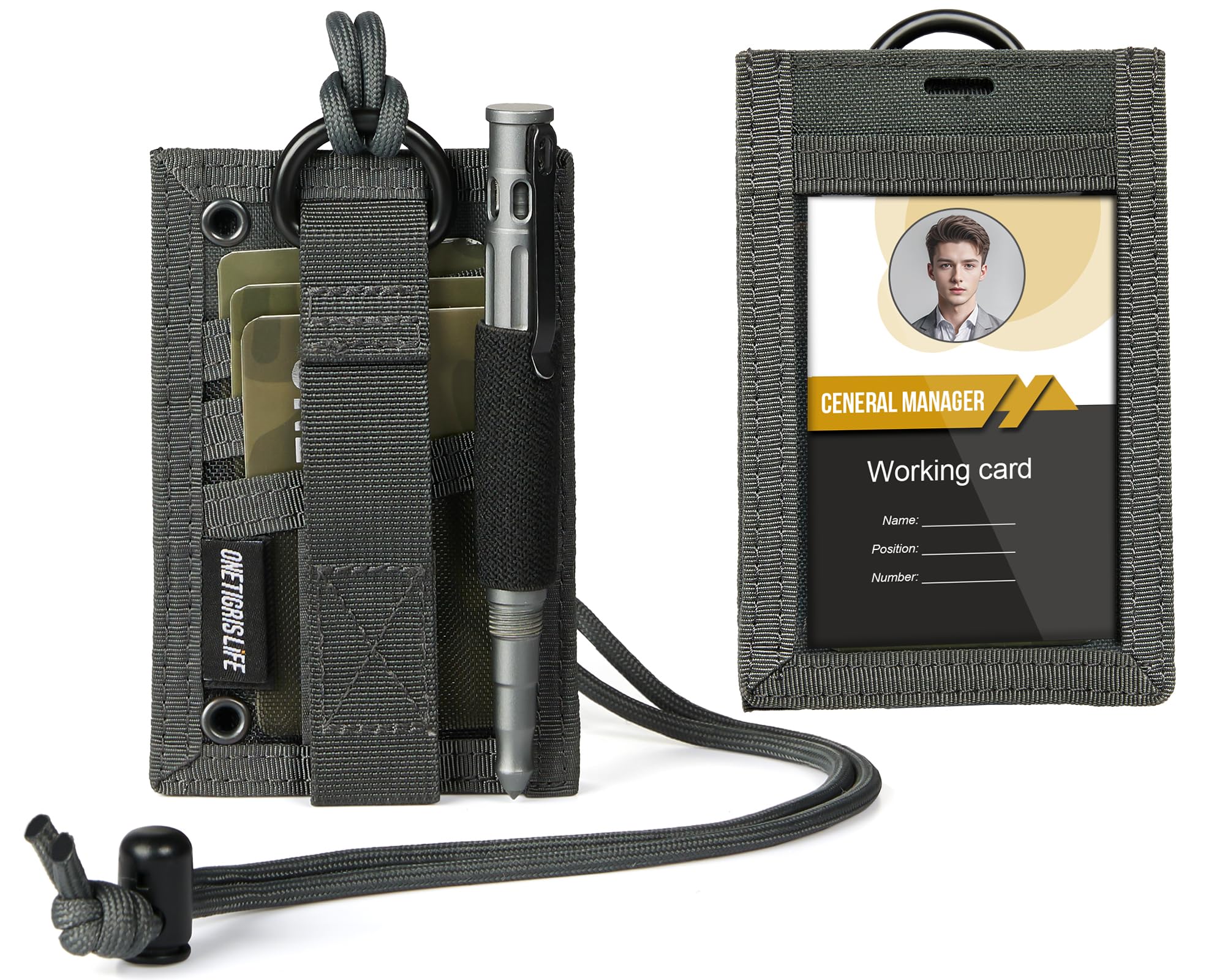 OneTigris ID Card Holder 2‑in‑1 Tactical, MOLLE Compatible 500D Nylon Security Badge Holder with Clear Window, 3 Card Slots & Pen Loop, EDC Organiser for Security Guards, Police, Outdoor
