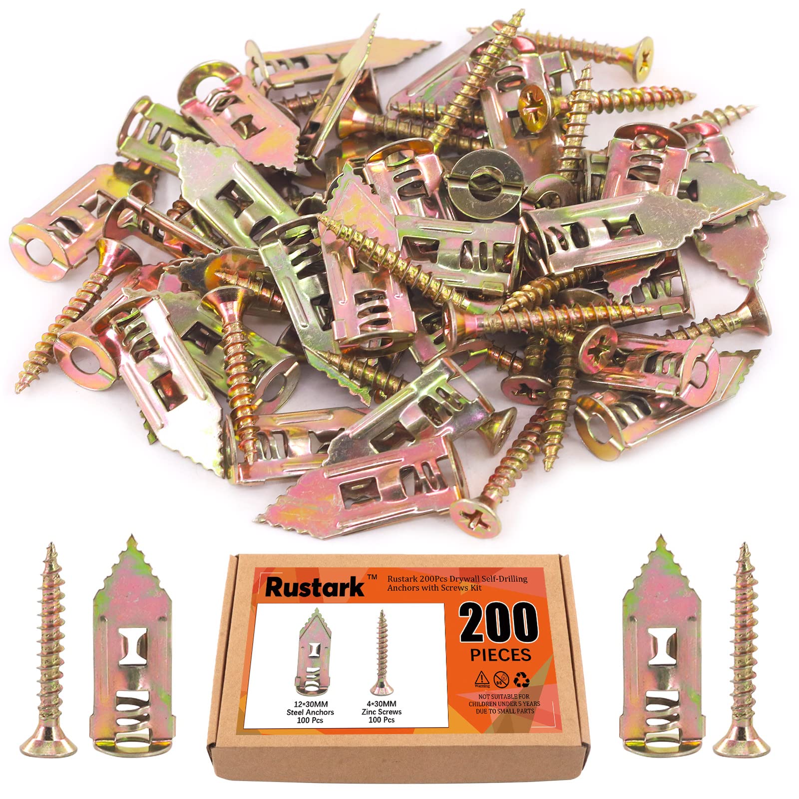 Rustark 200Pcs Drywall Anchor Kit, Steel Self-Drilling Anchors with Zinc Plated Screws, Wall Anchor Hooks, Heavy Duty Metal Toggle Anchors, No Drill Or Holes in Wall, Hangs up to 66 lbs